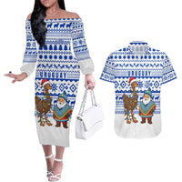 Uruguay Christmas Couples Matching Off The Shoulder Long Sleeve Dress and Hawaiian Shirt with Santa Claus Rhea Bird Holiday Lights and Blue Geometric Pattern - Wonder Print Shop
