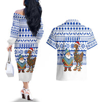 Uruguay Christmas Couples Matching Off The Shoulder Long Sleeve Dress and Hawaiian Shirt with Santa Claus Rhea Bird Holiday Lights and Blue Geometric Pattern - Wonder Print Shop