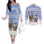 Uruguay Christmas Couples Matching Off The Shoulder Long Sleeve Dress and Long Sleeve Button Shirt with Santa Claus Rhea Bird Holiday Lights and Blue Geometric Pattern - Wonder Print Shop