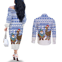 Uruguay Christmas Couples Matching Off The Shoulder Long Sleeve Dress and Long Sleeve Button Shirt with Santa Claus Rhea Bird Holiday Lights and Blue Geometric Pattern - Wonder Print Shop