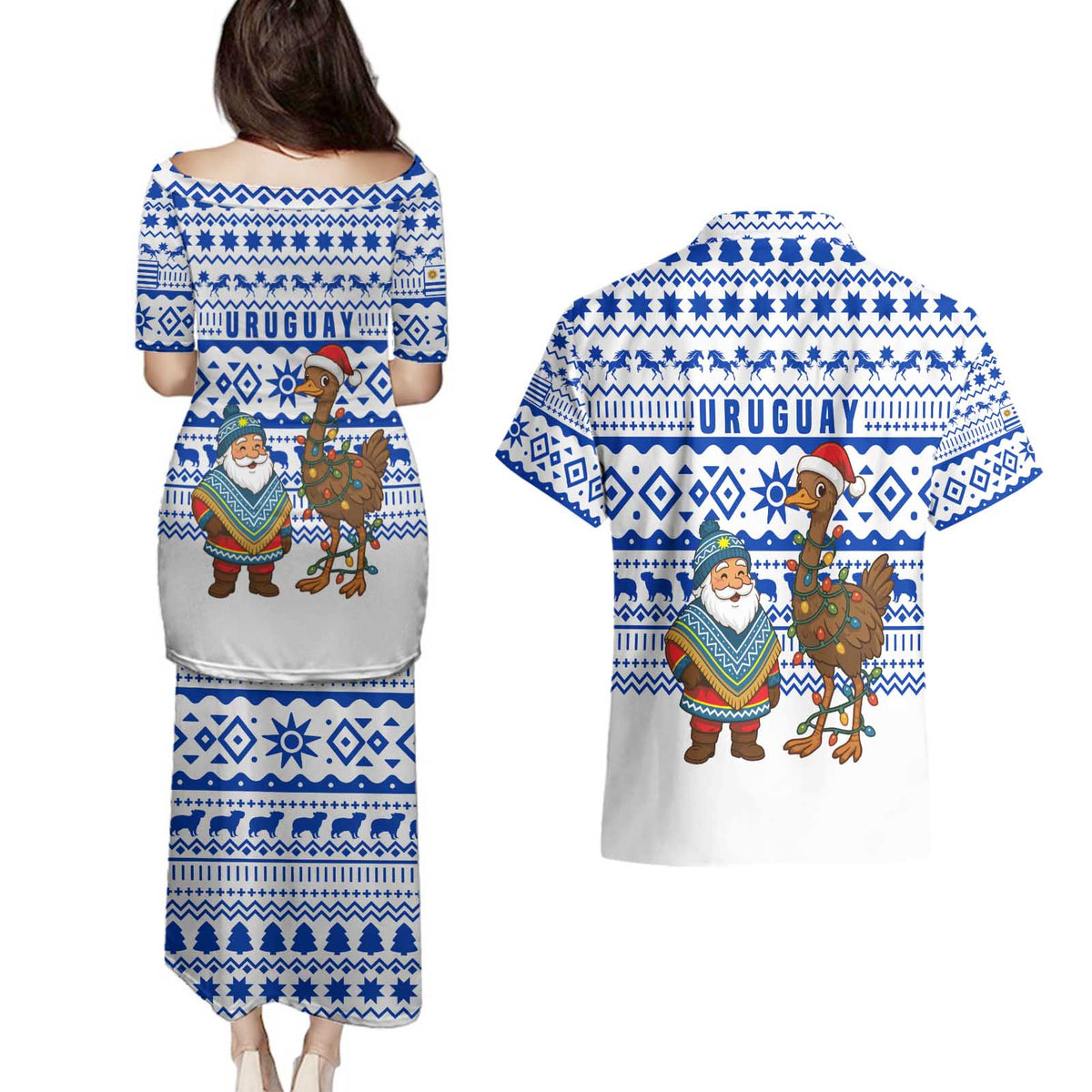 Uruguay Christmas Couples Matching Puletasi and Hawaiian Shirt with Santa Claus Rhea Bird Holiday Lights and Blue Geometric Pattern - Wonder Print Shop