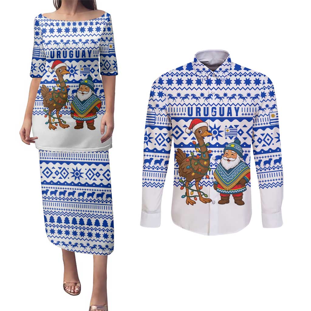 Uruguay Christmas Couples Matching Puletasi and Long Sleeve Button Shirt with Santa Claus Rhea Bird Holiday Lights and Blue Geometric Pattern - Wonder Print Shop
