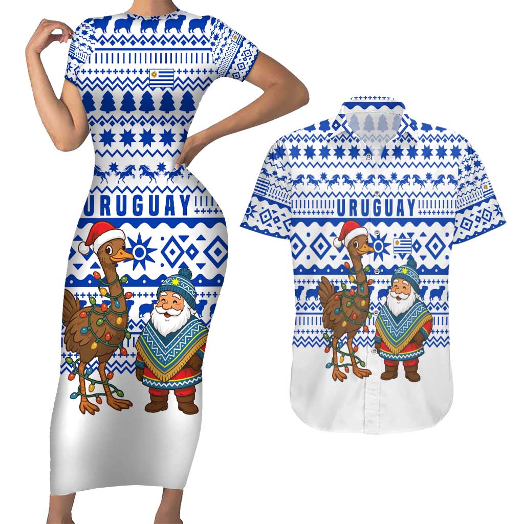 Uruguay Christmas Couples Matching Short Sleeve Bodycon Dress and Hawaiian Shirt with Santa Claus Rhea Bird Holiday Lights and Blue Geometric Pattern - Wonder Print Shop