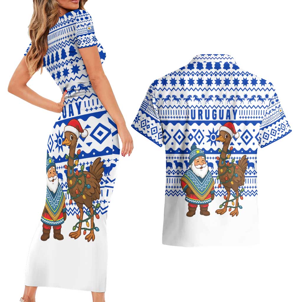 Uruguay Christmas Couples Matching Short Sleeve Bodycon Dress and Hawaiian Shirt with Santa Claus Rhea Bird Holiday Lights and Blue Geometric Pattern - Wonder Print Shop