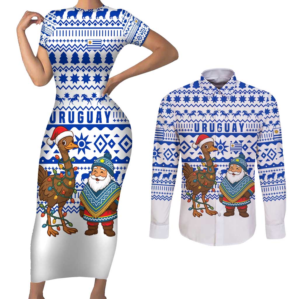Uruguay Christmas Couples Matching Short Sleeve Bodycon Dress and Long Sleeve Button Shirt with Santa Claus Rhea Bird Holiday Lights and Blue Geometric Pattern - Wonder Print Shop