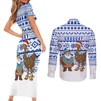 Uruguay Christmas Couples Matching Short Sleeve Bodycon Dress and Long Sleeve Button Shirt with Santa Claus Rhea Bird Holiday Lights and Blue Geometric Pattern - Wonder Print Shop