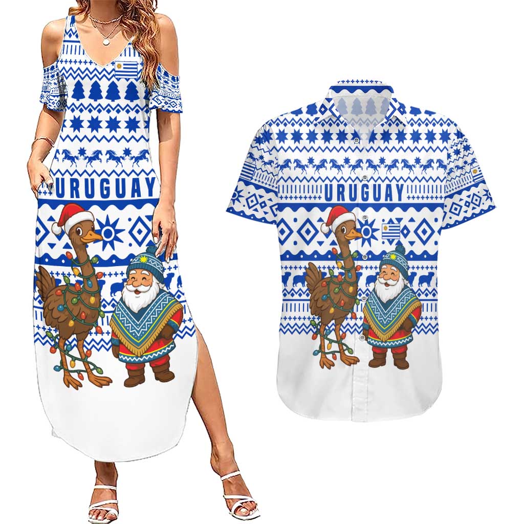 Uruguay Christmas Couples Matching Summer Maxi Dress and Hawaiian Shirt with Santa Claus Rhea Bird Holiday Lights and Blue Geometric Pattern - Wonder Print Shop
