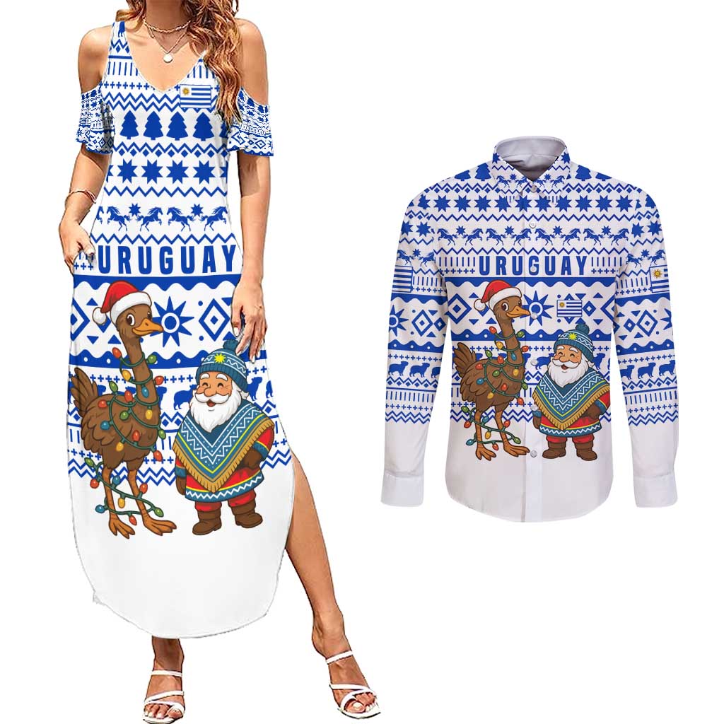 Uruguay Christmas Couples Matching Summer Maxi Dress and Long Sleeve Button Shirt with Santa Claus Rhea Bird Holiday Lights and Blue Geometric Pattern - Wonder Print Shop
