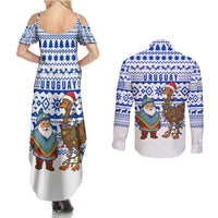 Uruguay Christmas Couples Matching Summer Maxi Dress and Long Sleeve Button Shirt with Santa Claus Rhea Bird Holiday Lights and Blue Geometric Pattern - Wonder Print Shop