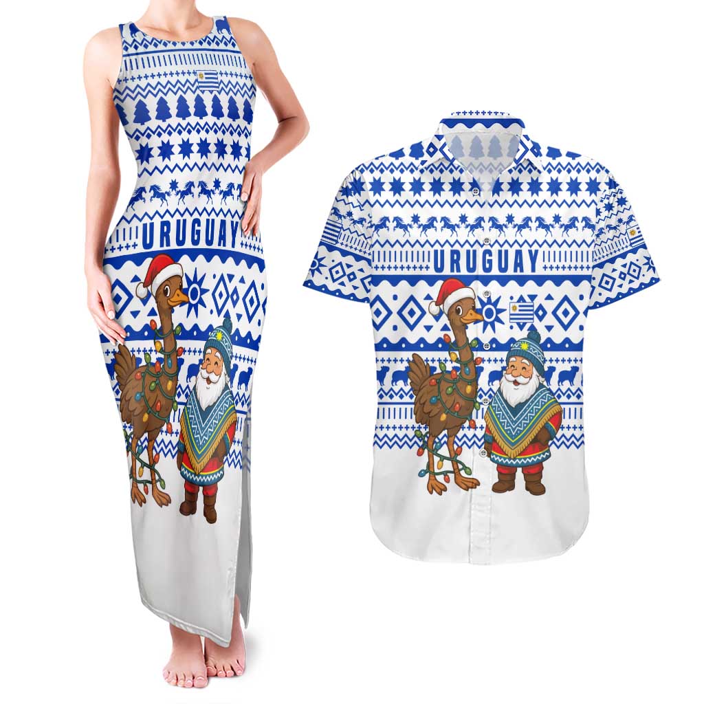 Uruguay Christmas Couples Matching Tank Maxi Dress and Hawaiian Shirt with Santa Claus Rhea Bird Holiday Lights and Blue Geometric Pattern - Wonder Print Shop