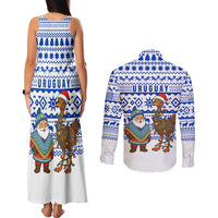 Uruguay Christmas Couples Matching Tank Maxi Dress and Long Sleeve Button Shirt with Santa Claus Rhea Bird Holiday Lights and Blue Geometric Pattern - Wonder Print Shop