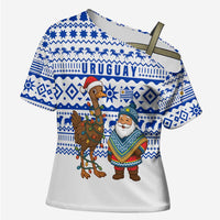 Uruguay Christmas Cross Shoulder Shirt with Santa Claus Rhea Bird Holiday Lights and Blue Geometric Pattern - Wonder Print Shop