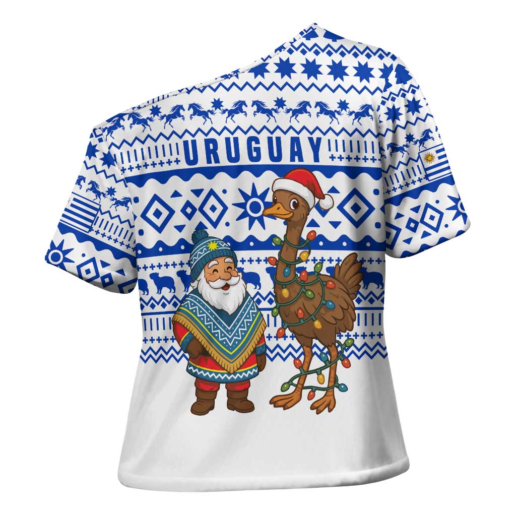 Uruguay Christmas Cross Shoulder Shirt with Santa Claus Rhea Bird Holiday Lights and Blue Geometric Pattern - Wonder Print Shop