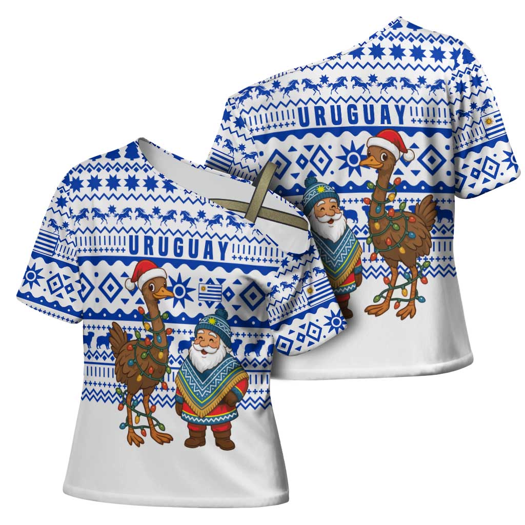 Uruguay Christmas Cross Shoulder Shirt with Santa Claus Rhea Bird Holiday Lights and Blue Geometric Pattern - Wonder Print Shop