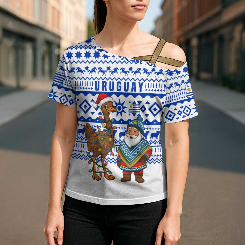 Uruguay Christmas Cross Shoulder Shirt with Santa Claus Rhea Bird Holiday Lights and Blue Geometric Pattern - Wonder Print Shop