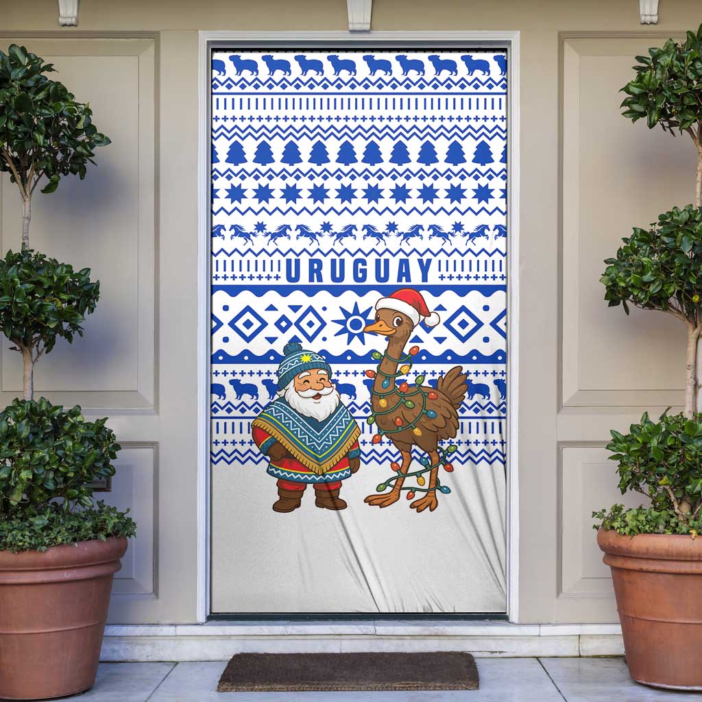 Uruguay Christmas Door Cover with Santa Claus Rhea Bird Holiday Lights and Blue Geometric Pattern - Wonder Print Shop