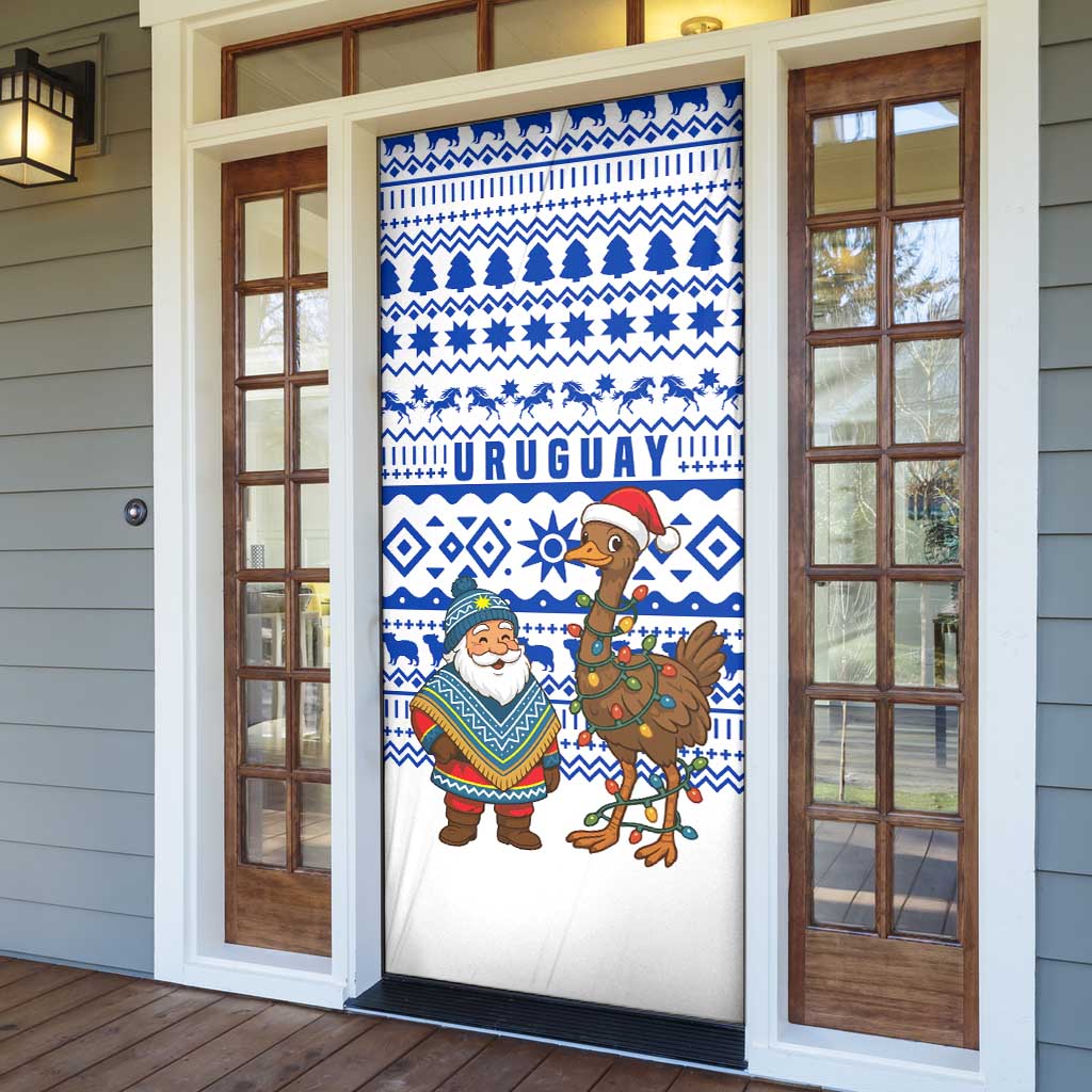 Uruguay Christmas Door Cover with Santa Claus Rhea Bird Holiday Lights and Blue Geometric Pattern - Wonder Print Shop