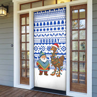 Uruguay Christmas Door Cover with Santa Claus Rhea Bird Holiday Lights and Blue Geometric Pattern - Wonder Print Shop