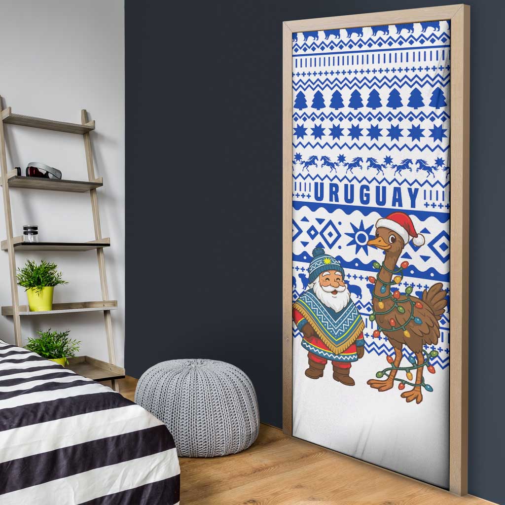 Uruguay Christmas Door Cover with Santa Claus Rhea Bird Holiday Lights and Blue Geometric Pattern - Wonder Print Shop