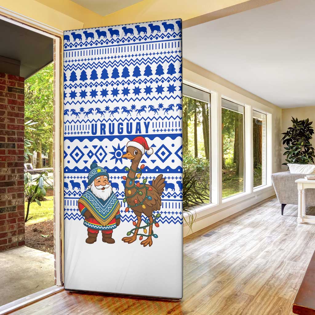 Uruguay Christmas Door Cover with Santa Claus Rhea Bird Holiday Lights and Blue Geometric Pattern - Wonder Print Shop