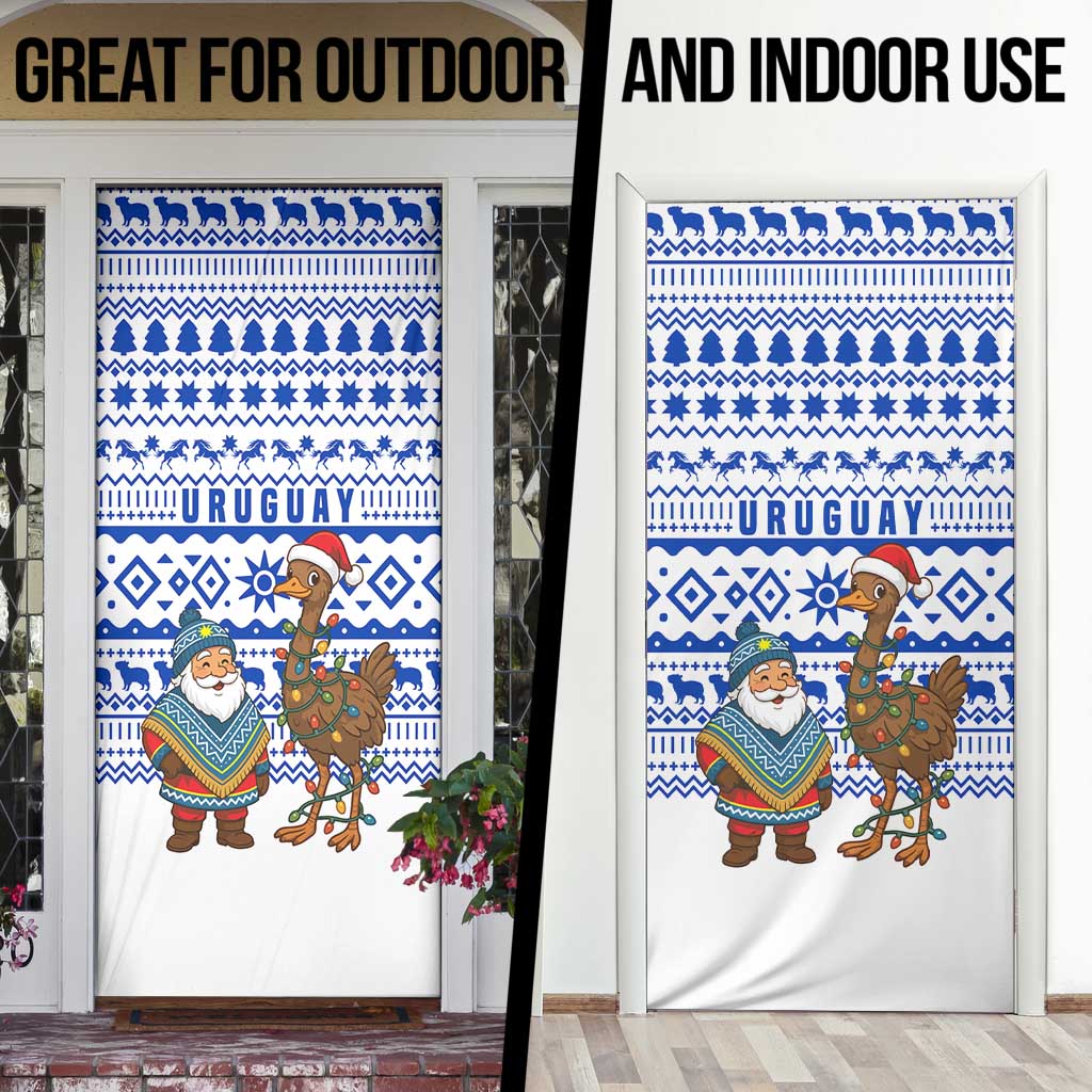 Uruguay Christmas Door Cover with Santa Claus Rhea Bird Holiday Lights and Blue Geometric Pattern - Wonder Print Shop