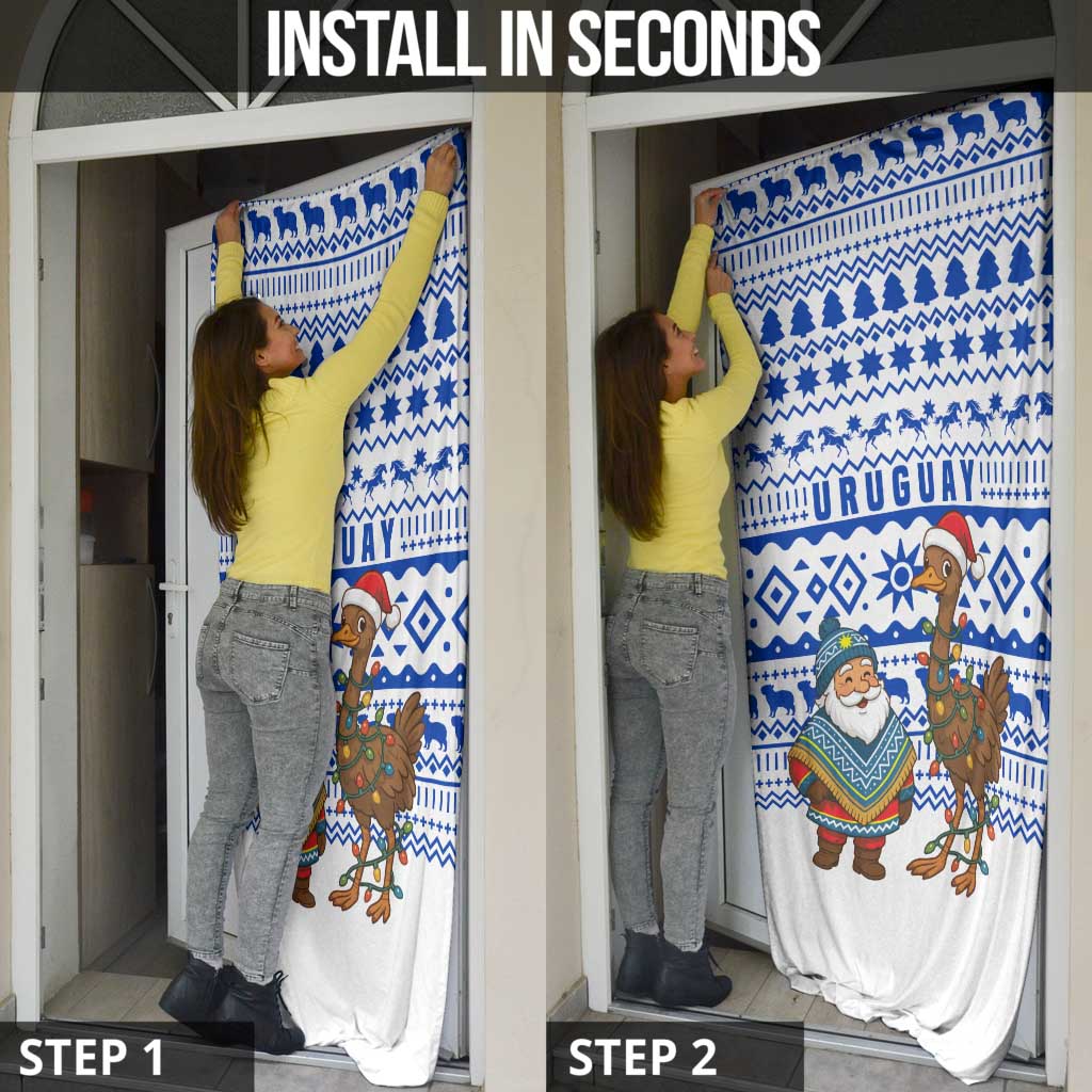 Uruguay Christmas Door Cover with Santa Claus Rhea Bird Holiday Lights and Blue Geometric Pattern - Wonder Print Shop