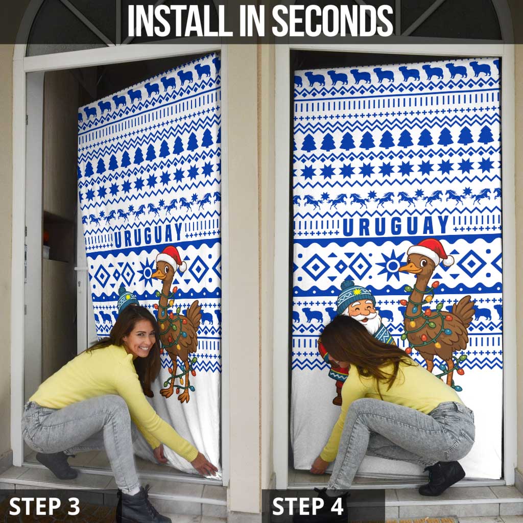 Uruguay Christmas Door Cover with Santa Claus Rhea Bird Holiday Lights and Blue Geometric Pattern - Wonder Print Shop