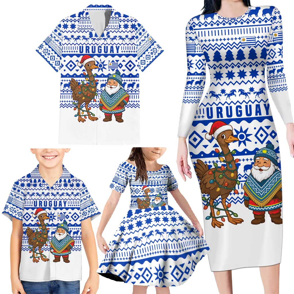 Uruguay Christmas Family Matching Long Sleeve Bodycon Dress and Hawaiian Shirt with Santa Claus Rhea Bird Holiday Lights and Blue Geometric Pattern - Wonder Print Shop