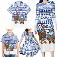 Uruguay Christmas Family Matching Long Sleeve Bodycon Dress and Hawaiian Shirt with Santa Claus Rhea Bird Holiday Lights and Blue Geometric Pattern - Wonder Print Shop