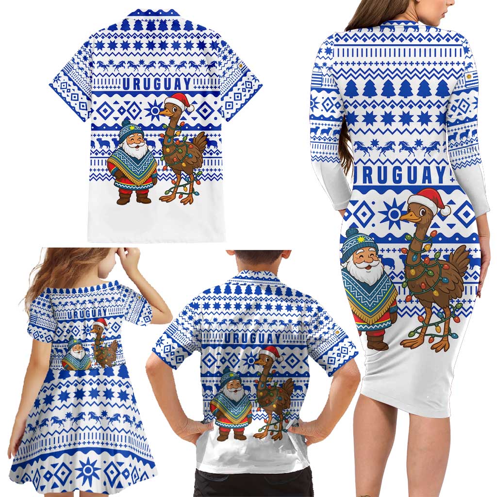 Uruguay Christmas Family Matching Long Sleeve Bodycon Dress and Hawaiian Shirt with Santa Claus Rhea Bird Holiday Lights and Blue Geometric Pattern - Wonder Print Shop