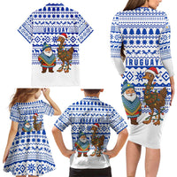 Uruguay Christmas Family Matching Long Sleeve Bodycon Dress and Hawaiian Shirt with Santa Claus Rhea Bird Holiday Lights and Blue Geometric Pattern - Wonder Print Shop