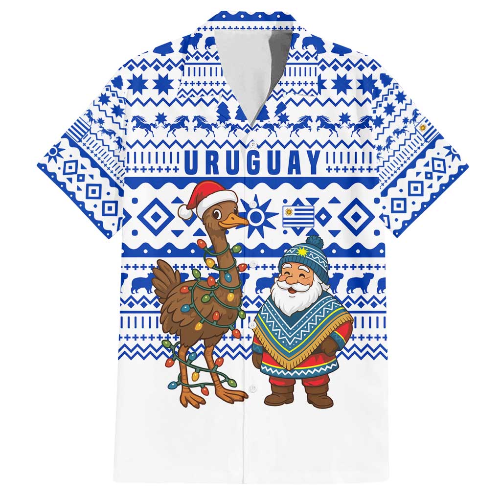 Uruguay Christmas Family Matching Long Sleeve Bodycon Dress and Hawaiian Shirt with Santa Claus Rhea Bird Holiday Lights and Blue Geometric Pattern - Wonder Print Shop