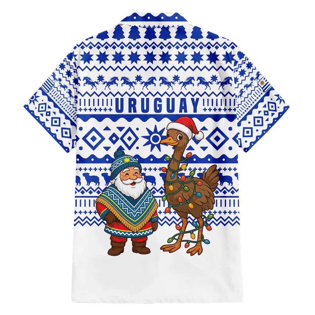 Uruguay Christmas Family Matching Long Sleeve Bodycon Dress and Hawaiian Shirt with Santa Claus Rhea Bird Holiday Lights and Blue Geometric Pattern - Wonder Print Shop