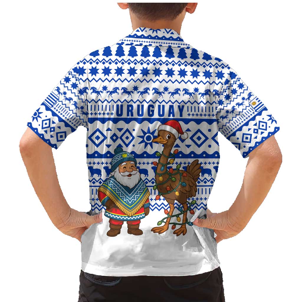 Uruguay Christmas Family Matching Mermaid Dress and Hawaiian Shirt with Santa Claus Rhea Bird Holiday Lights and Blue Geometric Pattern - Wonder Print Shop