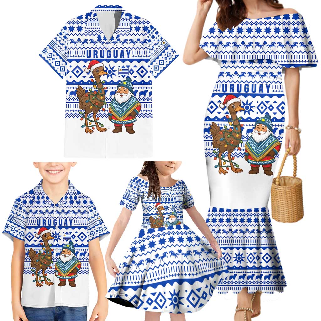 Uruguay Christmas Family Matching Mermaid Dress and Hawaiian Shirt with Santa Claus Rhea Bird Holiday Lights and Blue Geometric Pattern - Wonder Print Shop