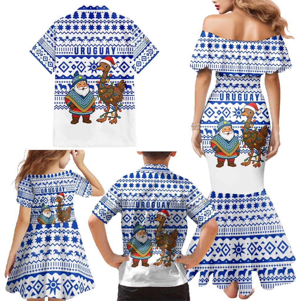 Uruguay Christmas Family Matching Mermaid Dress and Hawaiian Shirt with Santa Claus Rhea Bird Holiday Lights and Blue Geometric Pattern - Wonder Print Shop