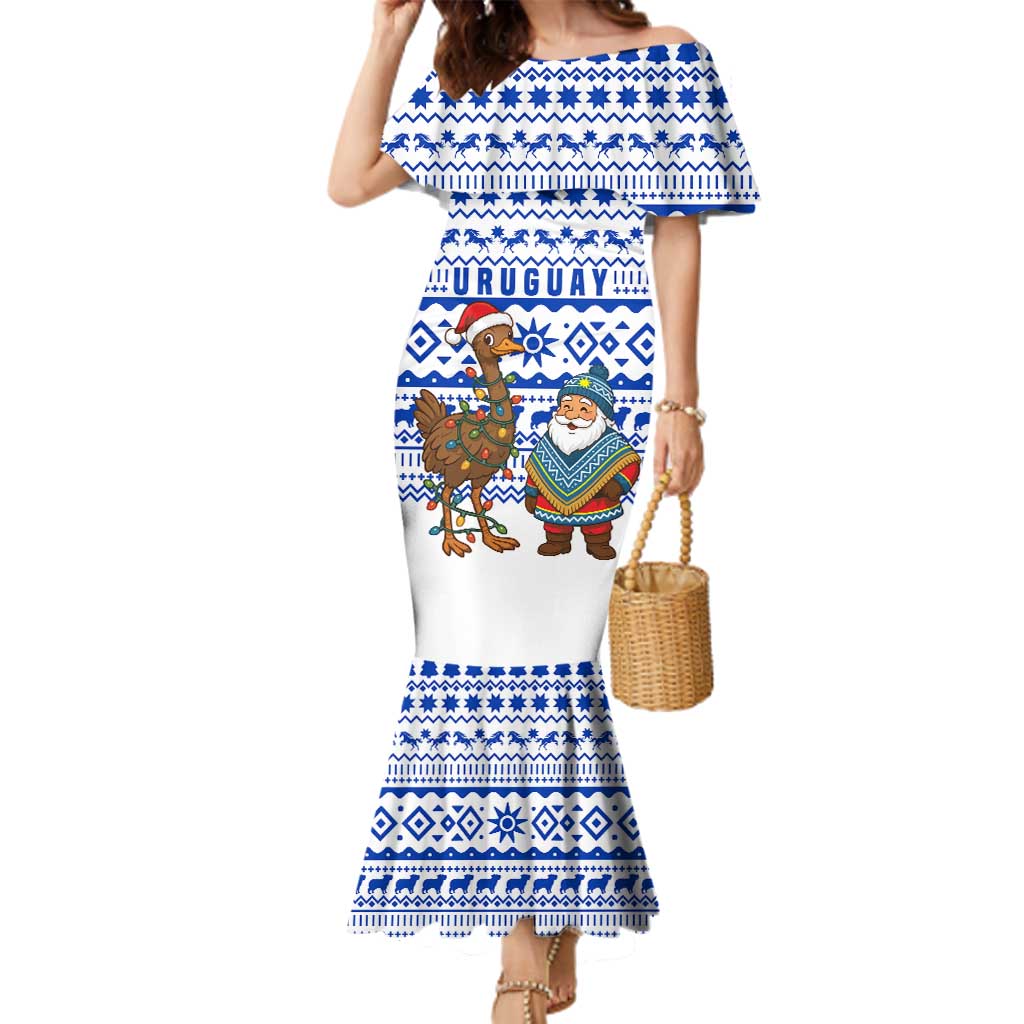 Uruguay Christmas Family Matching Mermaid Dress and Hawaiian Shirt with Santa Claus Rhea Bird Holiday Lights and Blue Geometric Pattern - Wonder Print Shop