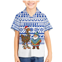 Uruguay Christmas Family Matching Mermaid Dress and Hawaiian Shirt with Santa Claus Rhea Bird Holiday Lights and Blue Geometric Pattern - Wonder Print Shop