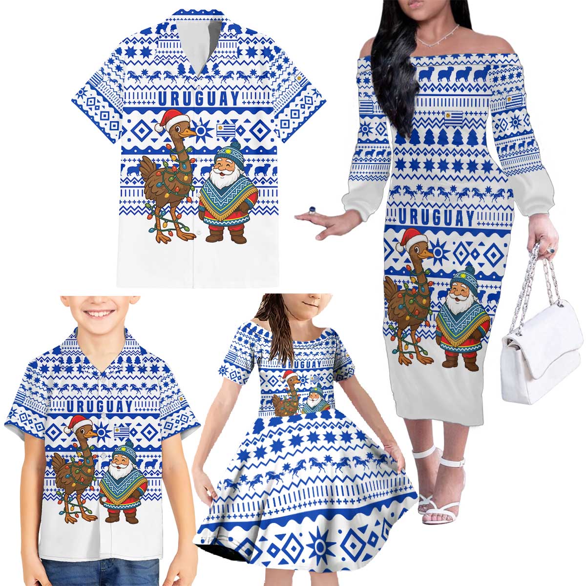 Uruguay Christmas Family Matching Off The Shoulder Long Sleeve Dress and Hawaiian Shirt with Santa Claus Rhea Bird Holiday Lights and Blue Geometric Pattern - Wonder Print Shop