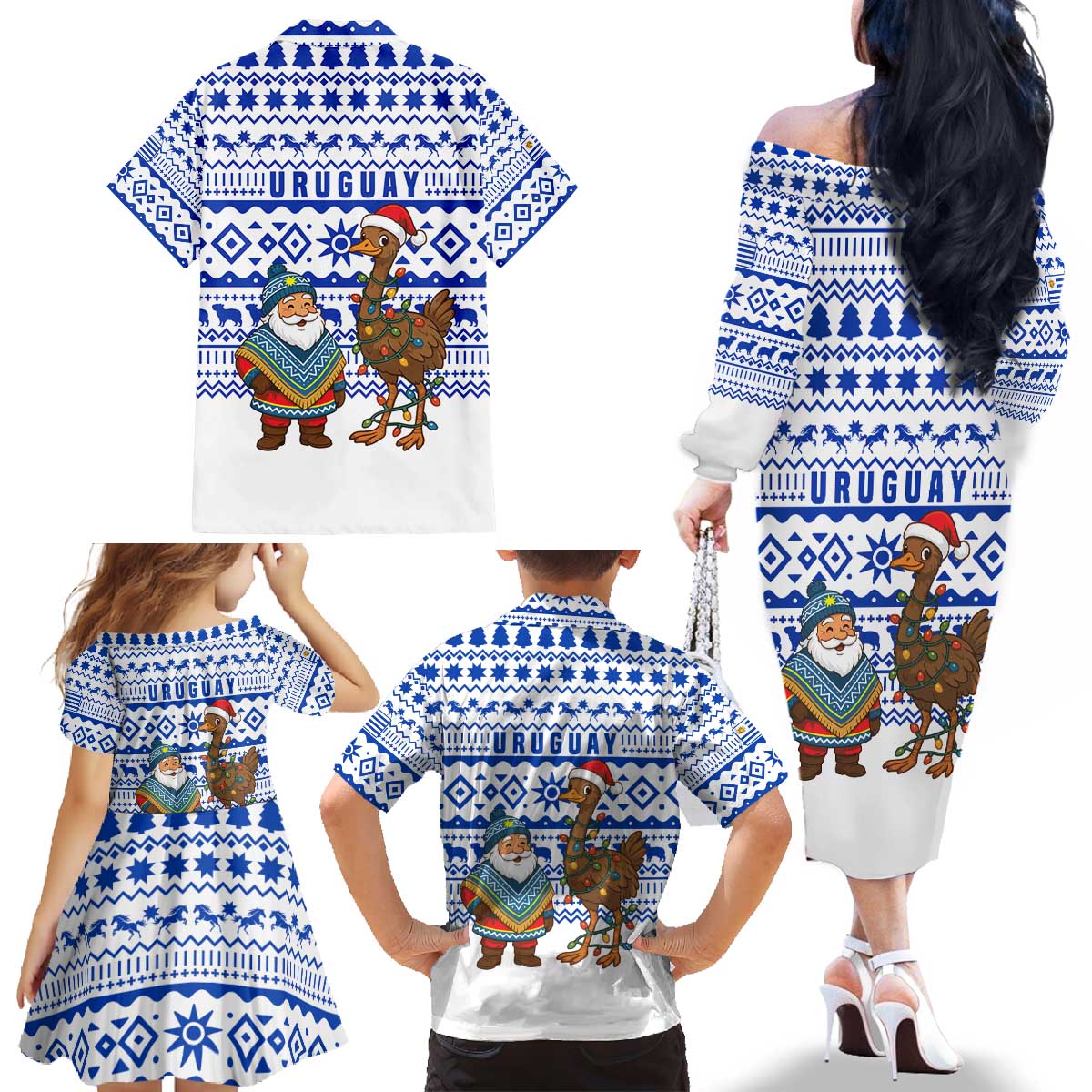 Uruguay Christmas Family Matching Off The Shoulder Long Sleeve Dress and Hawaiian Shirt with Santa Claus Rhea Bird Holiday Lights and Blue Geometric Pattern - Wonder Print Shop