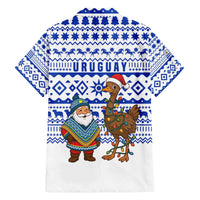 Uruguay Christmas Family Matching Off The Shoulder Long Sleeve Dress and Hawaiian Shirt with Santa Claus Rhea Bird Holiday Lights and Blue Geometric Pattern - Wonder Print Shop