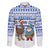 Uruguay Christmas Family Matching Off The Shoulder Long Sleeve Dress and Hawaiian Shirt with Santa Claus Rhea Bird Holiday Lights and Blue Geometric Pattern - Wonder Print Shop