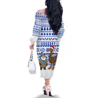 Uruguay Christmas Family Matching Off The Shoulder Long Sleeve Dress and Hawaiian Shirt with Santa Claus Rhea Bird Holiday Lights and Blue Geometric Pattern - Wonder Print Shop