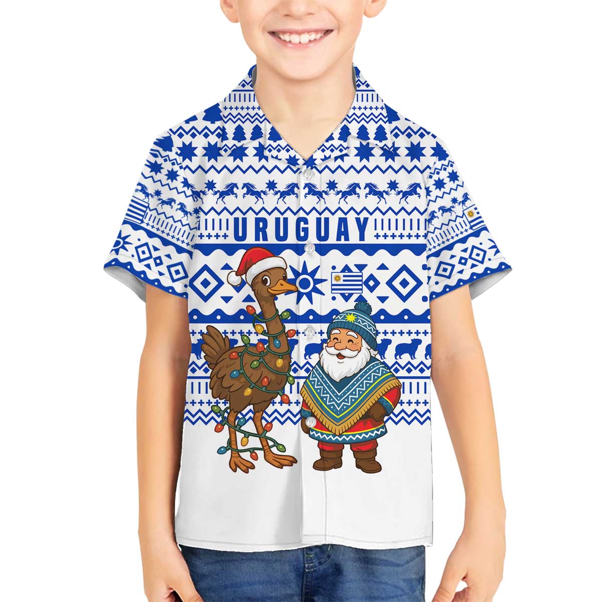Uruguay Christmas Family Matching Off The Shoulder Long Sleeve Dress and Hawaiian Shirt with Santa Claus Rhea Bird Holiday Lights and Blue Geometric Pattern - Wonder Print Shop