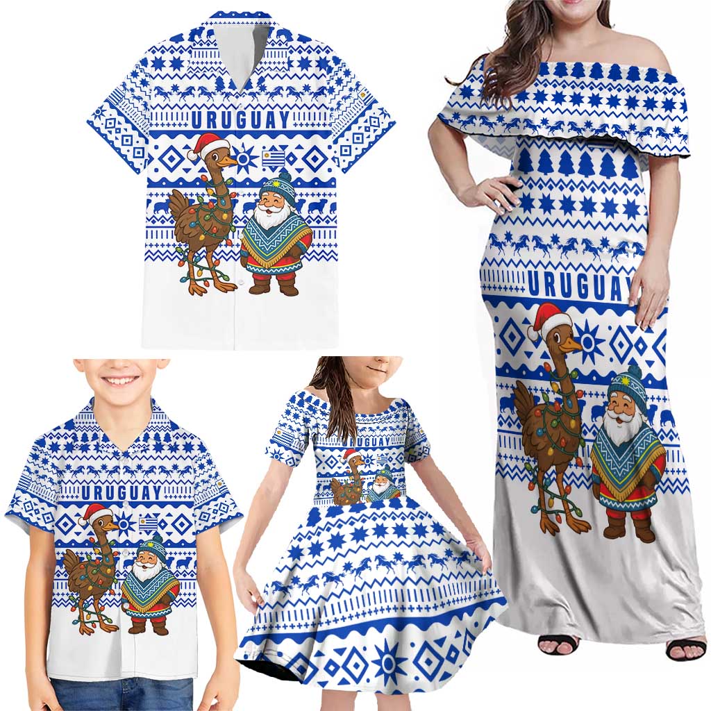 Uruguay Christmas Family Matching Off Shoulder Maxi Dress and Hawaiian Shirt with Santa Claus Rhea Bird Holiday Lights and Blue Geometric Pattern - Wonder Print Shop