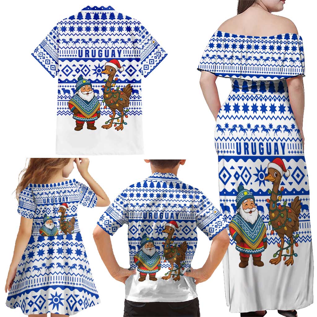 Uruguay Christmas Family Matching Off Shoulder Maxi Dress and Hawaiian Shirt with Santa Claus Rhea Bird Holiday Lights and Blue Geometric Pattern - Wonder Print Shop