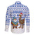 Uruguay Christmas Family Matching Off Shoulder Maxi Dress and Hawaiian Shirt with Santa Claus Rhea Bird Holiday Lights and Blue Geometric Pattern - Wonder Print Shop