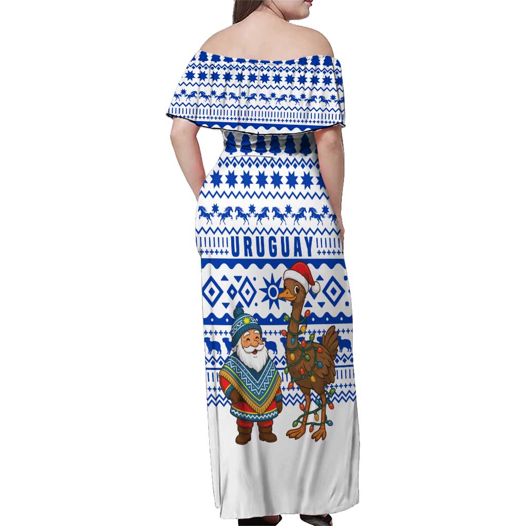 Uruguay Christmas Family Matching Off Shoulder Maxi Dress and Hawaiian Shirt with Santa Claus Rhea Bird Holiday Lights and Blue Geometric Pattern - Wonder Print Shop