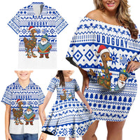 Uruguay Christmas Family Matching Off Shoulder Short Dress and Hawaiian Shirt with Santa Claus Rhea Bird Holiday Lights and Blue Geometric Pattern - Wonder Print Shop