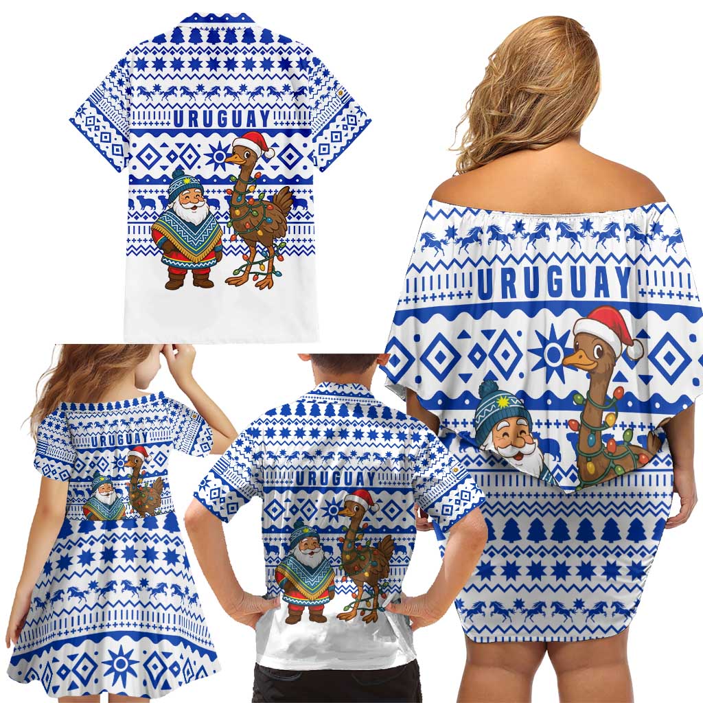 Uruguay Christmas Family Matching Off Shoulder Short Dress and Hawaiian Shirt with Santa Claus Rhea Bird Holiday Lights and Blue Geometric Pattern - Wonder Print Shop